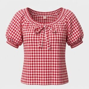 Belle Poque Red Gingham Smocked Neck Peasant Blouse